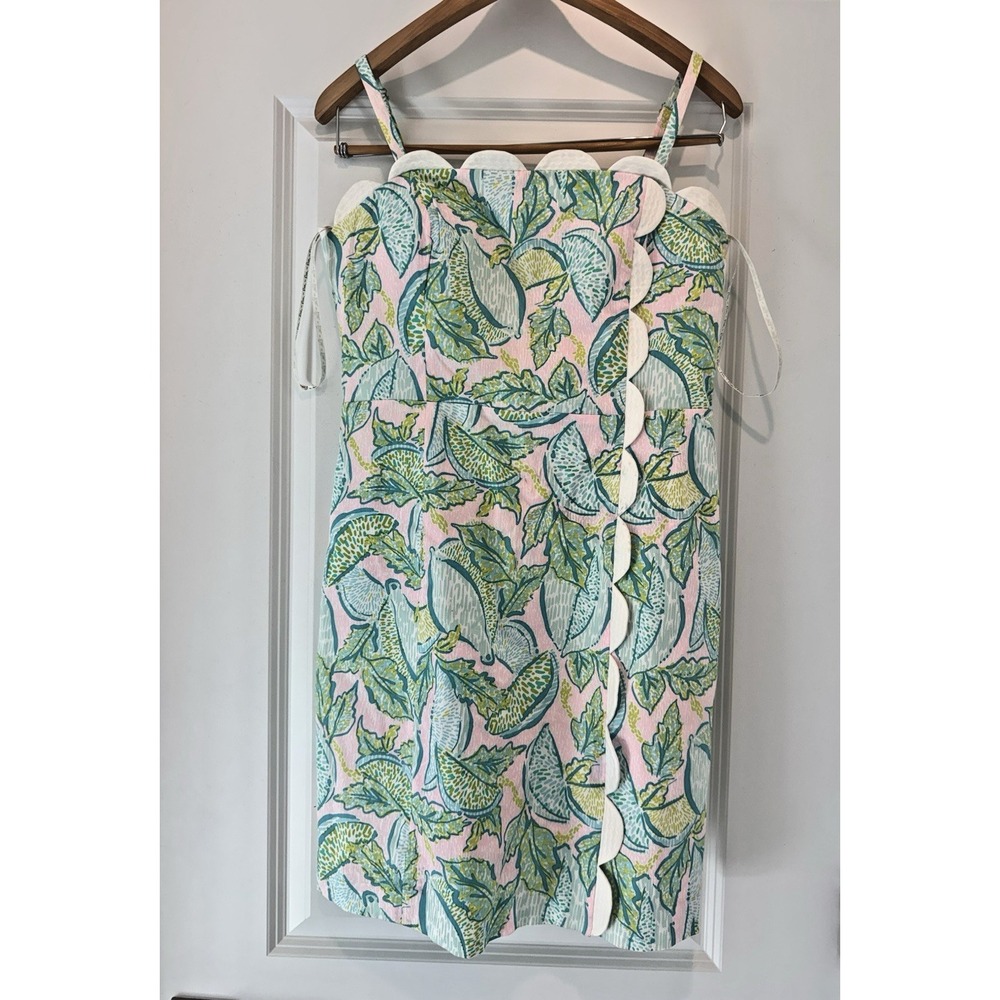 Lilly Pulitzer Sz 10 Scalloped Shift Dress Pink Green Leaf Print Coastal Resort - Picture 2 of 10
